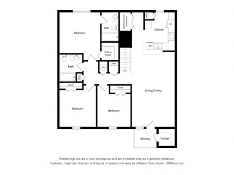 Floor plan for 3 beds, 2 baths, 1219 sqft